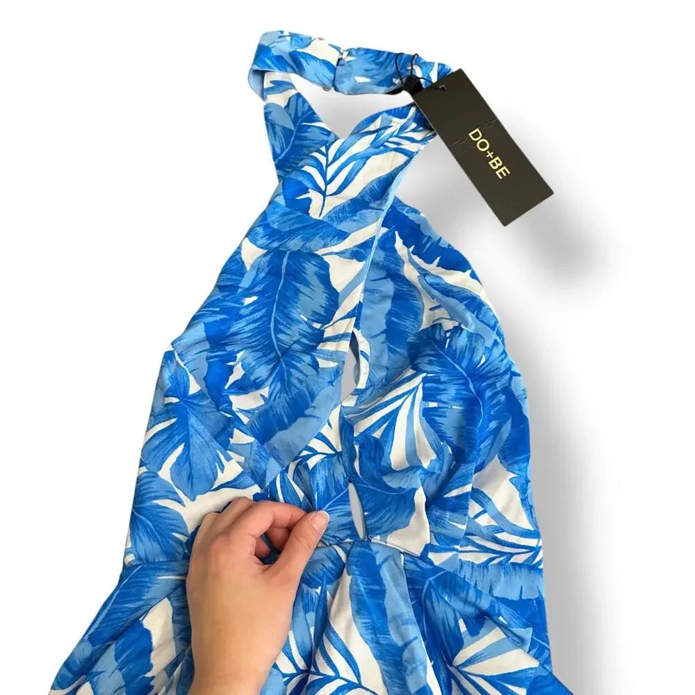 DO+BE NWT Tropical Halter Mini Dress Blue White Leaf Print Back Tie Medium - Picture 5 of 11